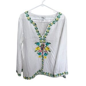 Rare Lilly Pulitzer Embroidered Floral Tunic 100% Linen L